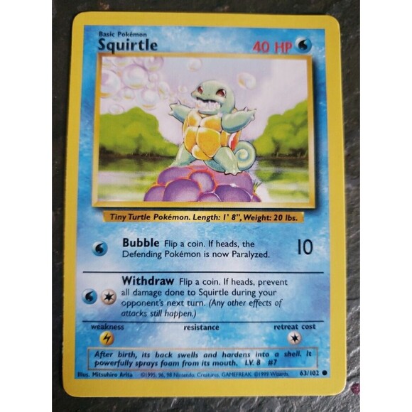 POKEMON Squirtle 63/102 Base Set Common Non-Holo 1999 Trading Card - Picture 1 of 4